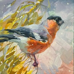 Bullfinch Bird Painting Original Small Oil Bird Artwork Bird Lover Gift 6×6