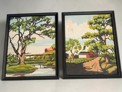 2 Vintage Paint-By-Numbers Framed Farmhouse Landscape Art Pair 9″x11″ Wall Decor