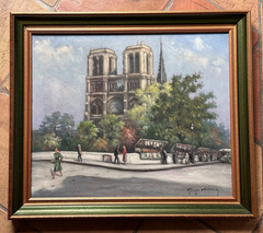 Antique Signed Castaing Oil Painting Animated View Notre Dame de Paris, Framed