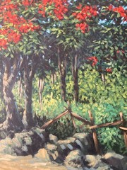 Jorge Romero vintage 80’s painting Campo y Flamboyanes -Puerto Rico Art Latin Am