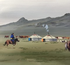 Gouache View Presumed Of The Zorgol Mountain Mongol Camp Near The Yak