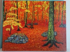 Vintage folk art painting creature in tree trunk (see it?) forest signed