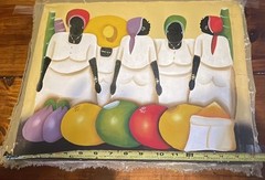 Haitian Folk Art Acrylic Painting On Fabric Market Ladies Signed original.