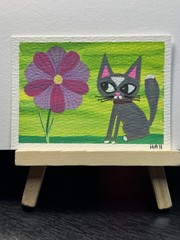 ACEO Original Watercolor and Acrylic Art Card Cat With A Big Flower 2.5 X 3×5