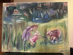 Janice Priddy Original Oil Painting 18×24 Mother Daughter Feeding Pony