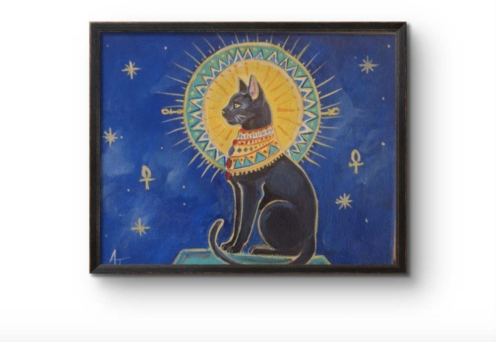 Orginal Signed 8×10 Expressionist Egptian Cat Acrylic Canvas Art Blue Decor