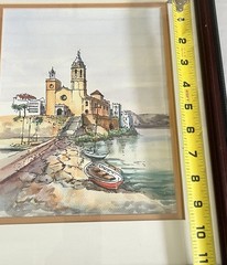 Hand Painted Watercolor Mediterranean Harbor Church Framed Coastal Art