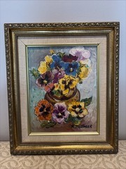 Oil Painting Pansies Renate Dollinger COA colorful floral Gold Ornate Frame