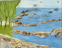 PAINTING WATERCOLOR ART WATER TREES BLUE GREEN BROWN BLACK GRAY 11X14 MAT 16X20