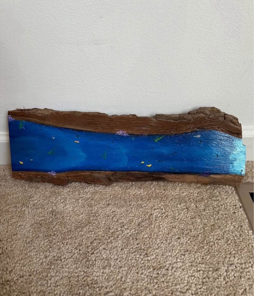 Original Hand Painted Fish in a River on Live Edge Wood / Wooden Artwork
