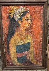 Gusti Sholihin 1960 Vintage Gadis Bali Girl Portrait Oil on Canvas Painting 27”