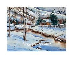 Sheerwatercolors Original Painting Log Cabin Winter Woods Snow Deer Nature Decor
