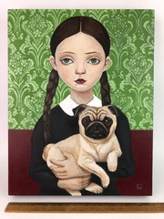 Original Acrylic on Board Portrait Painting Girl w Pug Dog by Lawn Walker 11×14