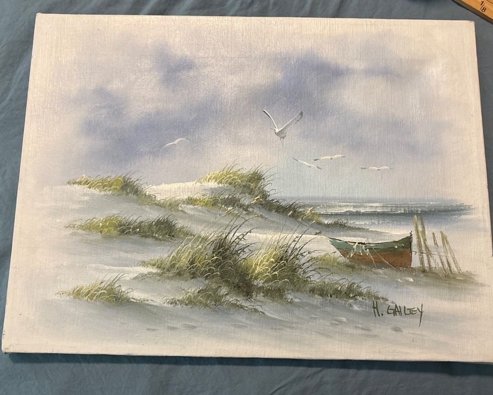 Vintage Signed H Gailey Oil Canvas Painting Sea Dunes 16” X 12” Not Framed