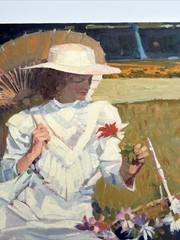 NEIL BOYLE PAINTING PRETTY WOMAN FEMALE MODEL PARK FLOWERS 24 BY 36 INCHES OIL