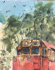 Original Watercolor Painting Locomotive In Argentina Small Artwork 7″ X 5.1/2″
