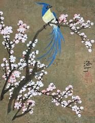 Ding „Cherry Blossom III“ Hand Signed Original Painting on Cork Framed Asian Art