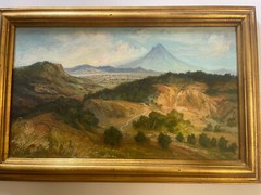 VINTAGE OIL PAINTING PLEIN AIR LANDSCAPE IMPRESSIONIST VILLAGE VOLCANO VIEW