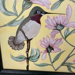 Hummingbirds Pink Flowers Original Acrylic Painting On Canvas Signed Framed Art