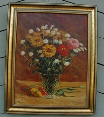 Lovely Vintage Oil on Board of Daises & Carnations In A Vase – Illegibly Signed