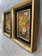 Gallery Wall Set of Two Framed 9”Floral Textured Color Signed Paintings