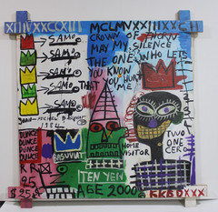 JEAN-MICHEL BASQUIAT ACRYLIC ON CANVAS 1982 WITH TIED WOOD SUPPORTS 35 X 35 in