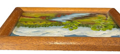 Original Oil Landscape Painting Signed Flowing River Forest Blue Sky Clouds 8″
