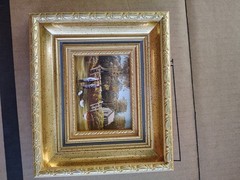 Small Autumn Farmhouse Gold Toned Wood Framed Decor Painting on Board