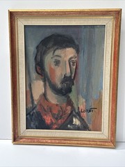 MID CENTURY PAINTING PORTRAIT MODERNIST SIGNED LORET MALE MODEL MAN MEN VINTAGE