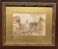 Rouen France 1904 Watercolor Street Scene Antique Framed Painting