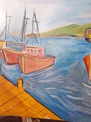 Original Signed Bold Harbor Boats Acrylic Art Impressionist Paper