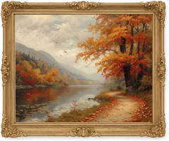 Vintage Fall Landscape Wall Art – Rustic Autumn Forest Oil Painting Print – Coun