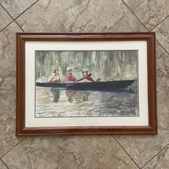 Vintage Framed Watercolor Painting Man and Dogs in Canoe Lake Scene 25.5×19