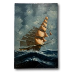 Vintage Sailboat Oil Painting Signed Nautical Seascape Ship Canvas Art