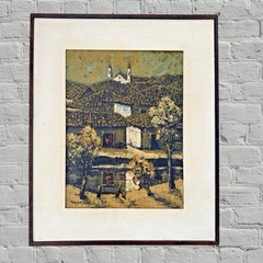 Vintage Original Framed Oil Painting Signed 22×18 Cottages Trees Church