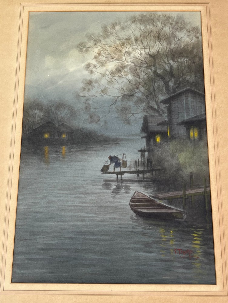 S. Tosuke “ Moonlit Landscape“ Original Watercolor Painting on Cardboard. 1930s