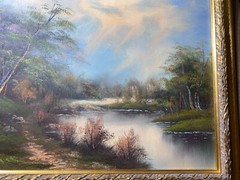 „River And Forest Landscape Scene“ Oil On Canvas Painting – Framed
