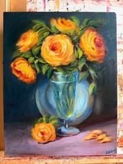 Golden Roses in a Blue Vase- Original Rose Oil Painting, 11×14 Floral Still Life