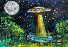 Original ACEO Painting UFO Alien Spaceship Stars Night TREES Universe ATC ART