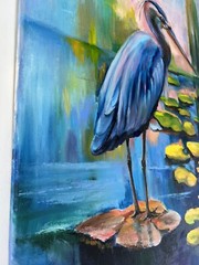 Original painting oil, 20×30 inch, Heron with Lilies, Wall Art Decor, Home Gift