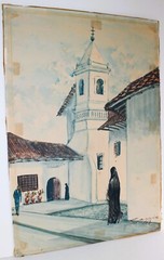 VINTAGE WATERCOLOR ON CARDBOARD 1968 SIGNED SARRIA VILLAGE CHURCH COLONIAL