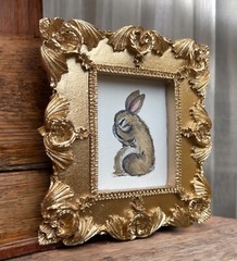 Bunny Rabbit watercolor print of painting in mini gold vtg style ornate frame
