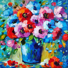 original oil painting Poppy Colorful Wildflowers Vase Floral wall art 10*10 inch