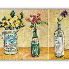 Original Textured Floral Still Life Triptych Oil Painting 3 Canvas panel 16×8″