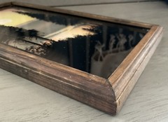 VTG Reverse Glass Painting Pine Trees at Sunset Mountain Scene Wood Frame Glass