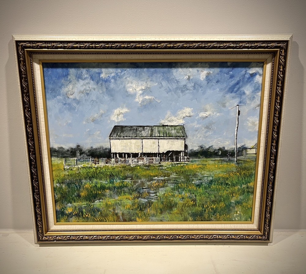 Original Landscape Barn Cows Sunny Farm Bold Painting Realism Gold Accent Frame