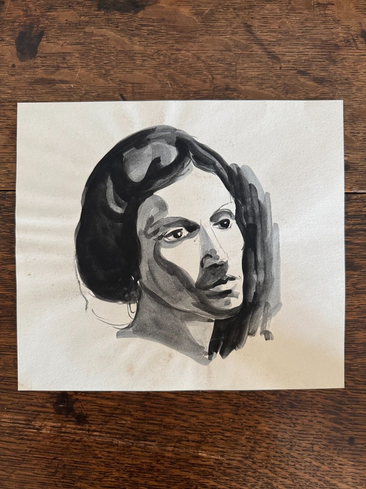 1930s Watercolor Woman Portrait On Paper 9 x 10 Monochrome Blacks Grays