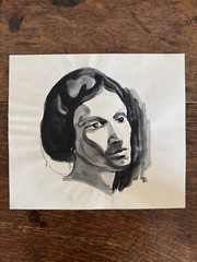 1930s Watercolor Woman Portrait On Paper 9 x 10 Monochrome Blacks Grays