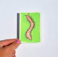 ACEO Original Art Card Green Centipede Watercolor Ink Acrylic Paint Paper OOAK