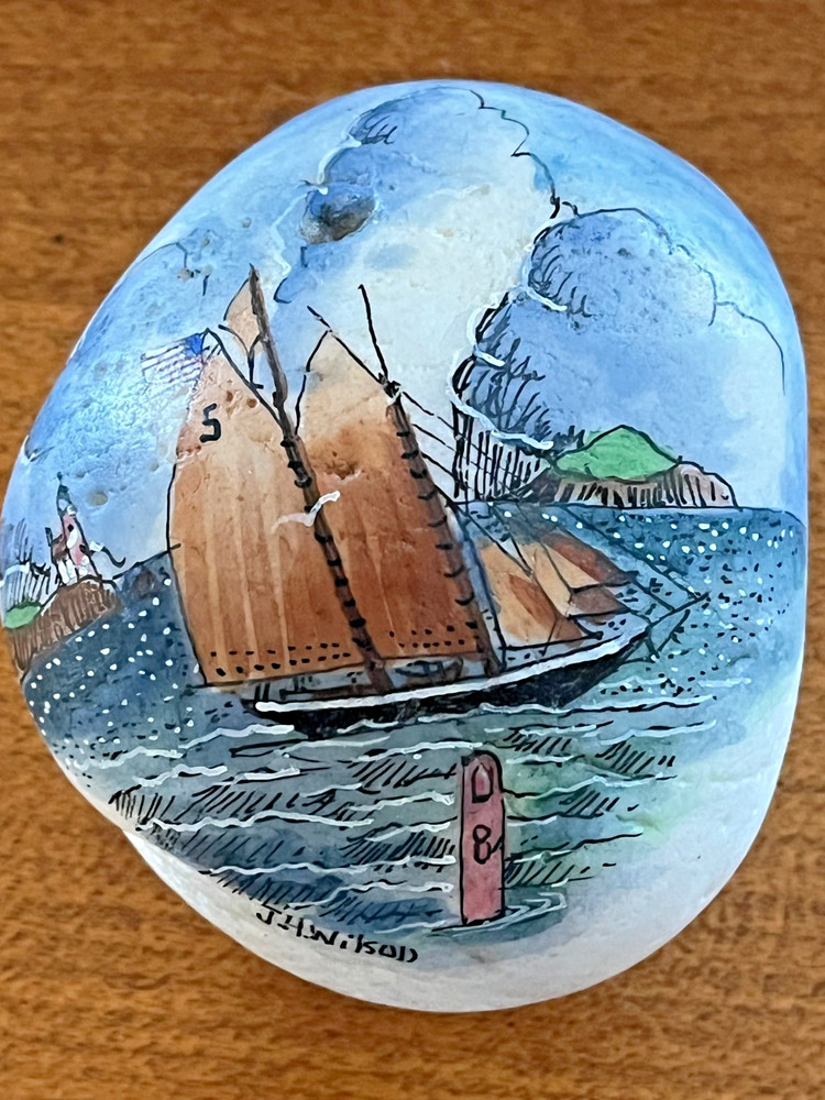 J. H. Wilson Hand-Painted River/Beach Rock With Nautical Scene Signed